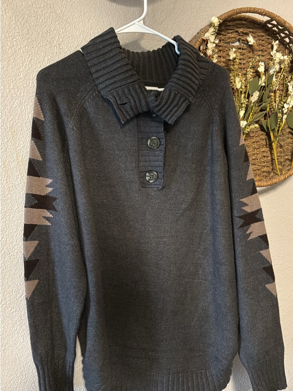 Ariat Charcoal Shawl Collar Pullover with Geometric Sleeve Pattern